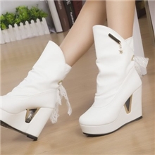 秋冬新款时尚女靴厚底高跟坡跟女鞋防水台短靴蕾丝单靴一件代发