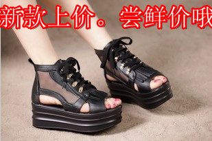 新款罗马凉鞋厚底松糕鞋铆钉网布流苏系带鞋欧美街头风高帮女凉鞋