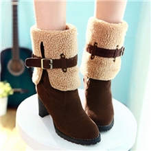 批发冬季新款百搭磨砂皮带扣高跟防水台女靴子粗跟大码冬靴雪地靴