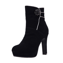 欣婕雅新款真皮女靴批发皮花镶边防水台锥形高跟鞋欧美高跟短靴