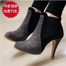 2013秋冬新款鞋色拼接细高跟撞色绒面女靴短靴新款女鞋LY-2689-1