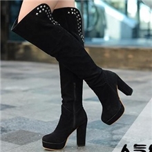 新款铆钉女靴子粗跟骑士靴超高跟防水台过膝长靴磨砂皮秋冬靴108