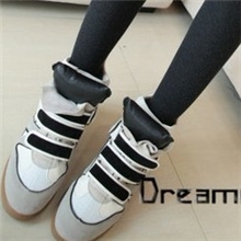 秋款韩国新潮款女鞋魔术贴真牛皮拼色内增高马丁靴休闲高帮运动鞋