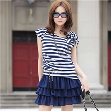 大码女装厂家直销条纹短袖裙假两件套连衣裙一件代发免费代理