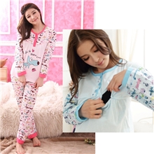 (宅美美)春秋夏季长袖哺乳小刀狗喂奶衣妈咪精选方便哺乳睡衣套装