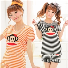 （宅美美）夏季莫代爾條紋少女睡衣短袖短褲加波邊圓領家居套裝