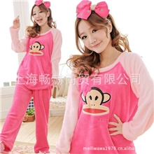 （宅美美）冬季珊瑚绒可爱绣花女多色长袖套装家居睡衣套装玫红