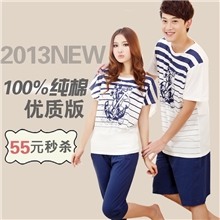 100%全棉睡衣套装情侣家居服套装夏天纯棉海盗船短袖短裤高档睡衣