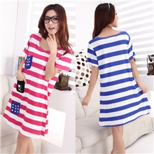 全纯棉夏天睡裙女夏季睡衣条纹加大码可爱条纹家居服女100%棉