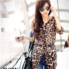 2013时尚个性女装不规则下摆中长款豹纹雪纺衫
