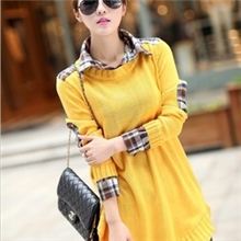 2013春装新款宽松复古韩版长款格子衬衣领假两件针织衫毛衣外套女