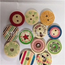 印花圆木扣diy出口单孔日韩外贸天然木质彩绘纽扣装饰扣子3cm
