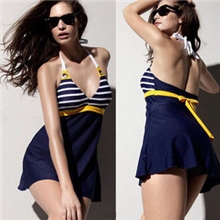 海军保守遮肚显瘦连体裙式泳装泳衣女泡温泉