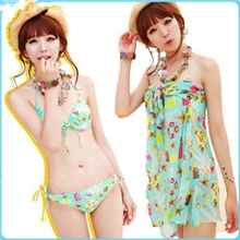 泳衣女钢托温泉游泳装分体裙式比基尼三件套情侣泳衣批发