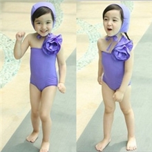 一件起批厂家直销紫色单肩可爱儿童泳衣连体斜肩立体大花带帽