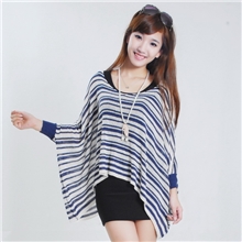 厂家直销韩版秋冬新款长袖大码针织衫条纹宽松长款蝙蝠衫批发