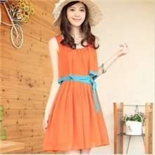 夏装甜美优雅气质圆领无袖背心裙假两件套优质雪纺连衣裙