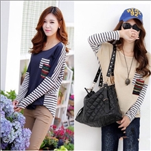 韩国2013秋装新款韩版条纹宽松T恤女装长袖上衣打底衫加厚针织衫