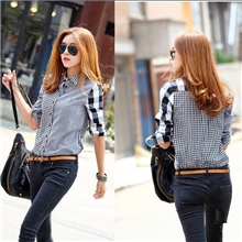 韩国2013秋装新款女装韩版不对称格子衬衫女装拼接长袖上衣