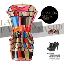 【厂家直销】33153欧美爆款女装批发五彩格子印花圆领无袖连衣裙