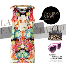 【厂家直销】34113爆款女装循环对称印花圆领无袖背心连衣裙