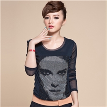 【品质货】双层网纱打底衫烫钻薄款圆领长袖T恤女上衣女批发