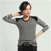 【品质货】加绒打底衫镶钻加厚双层网纱条纹打底衫长袖T恤批发