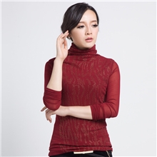 【一件代发】韩版修身烫钻堆堆领高领长袖T恤网纱打底衫批发
