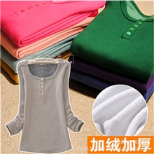 秋冬装新款加绒保暖加厚长袖t恤打底衫纽扣方领女装批发