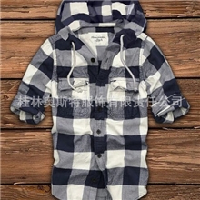 兰绒休闲格子长袖衬衣连帽复古衬衫男衬衫服装生产厂家