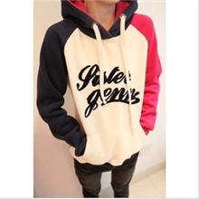 休闲风格2013韩国新款连帽字母刺绣插口袋撞色抓绒卫衣女式批发