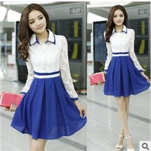 2013韩版秋款新款修身翻领雪纺拼接蕾丝长袖品牌连衣裙