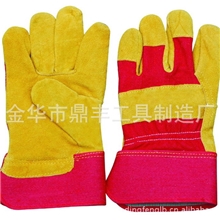 S-2052红斜纹布黄色牛皮全掌胶袖劳保手套