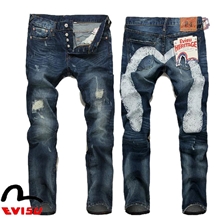新款潮流陈冠希福神牛仔裤evisu破洞大M印花男士长裤正品代购