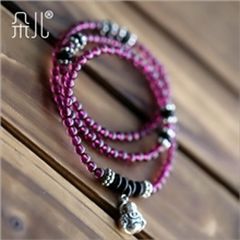 朵儿出品玫红色石榴石手链绕3圈佛珠纯银饰品紫牙乌玫红