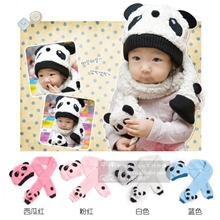 卡通熊猫儿童帽子围巾两件套装男女宝宝水棉花绒套头帽冬款批发