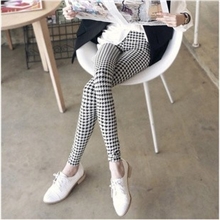 涂鸦印花千鸟格子打底九分裤女薄小脚铅笔裤黑白竖条菱形打底裤