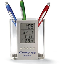 透明多功能笔筒万年历时钟创意办公用品电子万年历笔筒可印LOGO