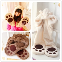 韩版女男情侣冬季可爱毛绒保暖加厚连帽围脖帽子围巾手套一体套装