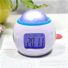 供应1038音乐星空投影钟万年历时钟蓝屏七彩投影灯七彩闹钟