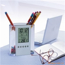 万年历笔筒公司赠品时尚透明时钟闹钟笔筒创意亚克力笔筒