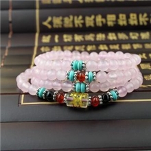 /东海水晶天然粉玉髓108颗佛珠手链/六字真言路路通转运珠男女款