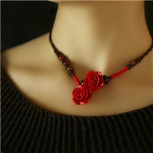 原创中国风饰品手工漆雕玫瑰花朵颈链女项链毛衣链女礼品批发