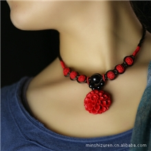 原创手工民族风饰品厂家批发本命年繁花漆雕复古锁骨链短款项链