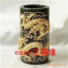 厂家直销金镶玉和田玉实用龙凤笔筒玉石摆件厂家