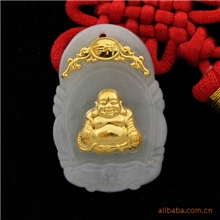 开光金镶玉A货翡翠+千足金佛像吊坠佛教用品