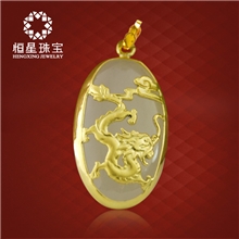 和田玉器24K黄金千足金镶玉龙吊坠批发94901恒星珠宝