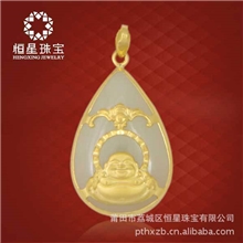 恒星珠宝和田玉24K黄金千足金镶玉佛保平安吊坠批发921001