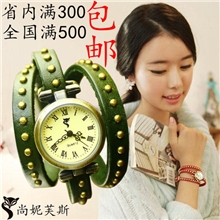 外贸热销三圈柳钉时尚女士手工牛皮手表真皮手链表时装休闲女表