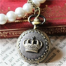 欧美淘宝热销时尚女王小号复古古铜皇冠怀表项链表批发
